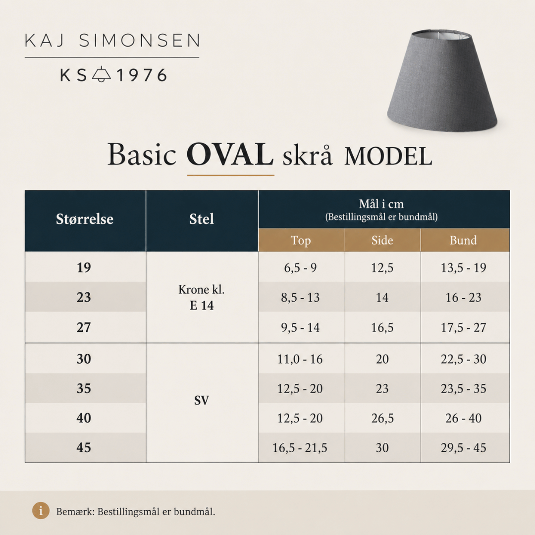 Oversigt Oval skrå model
